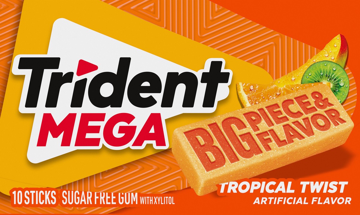 slide 6 of 9, Trident Mega Tropical Twist Sugar Free Gum, 10 Pieces, 1.12 oz