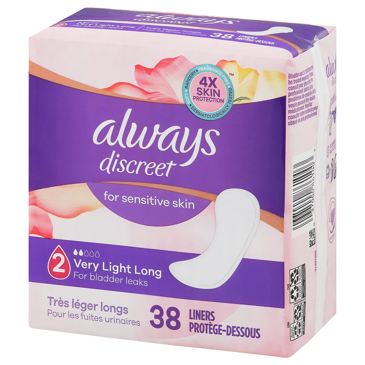 slide 2 of 8, Always Discreet for Sensitive Skin Liners Light Long Absorbency Four Times Skin Protection Soft Dermatologically Tested Fragrance-Free, 38 Count, 38 ct
