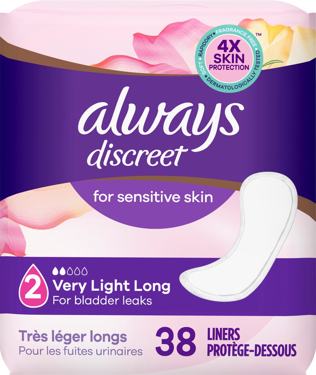 slide 1 of 8, Always Discreet for Sensitive Skin Liners Light Long Absorbency Four Times Skin Protection Soft Dermatologically Tested Fragrance-Free, 38 Count, 38 ct