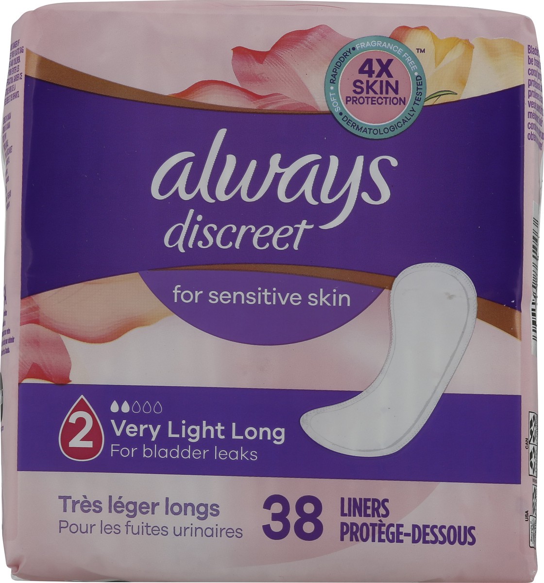 slide 3 of 8, Always Discreet for Sensitive Skin Liners Light Long Absorbency Four Times Skin Protection Soft Dermatologically Tested Fragrance-Free, 38 Count, 38 ct