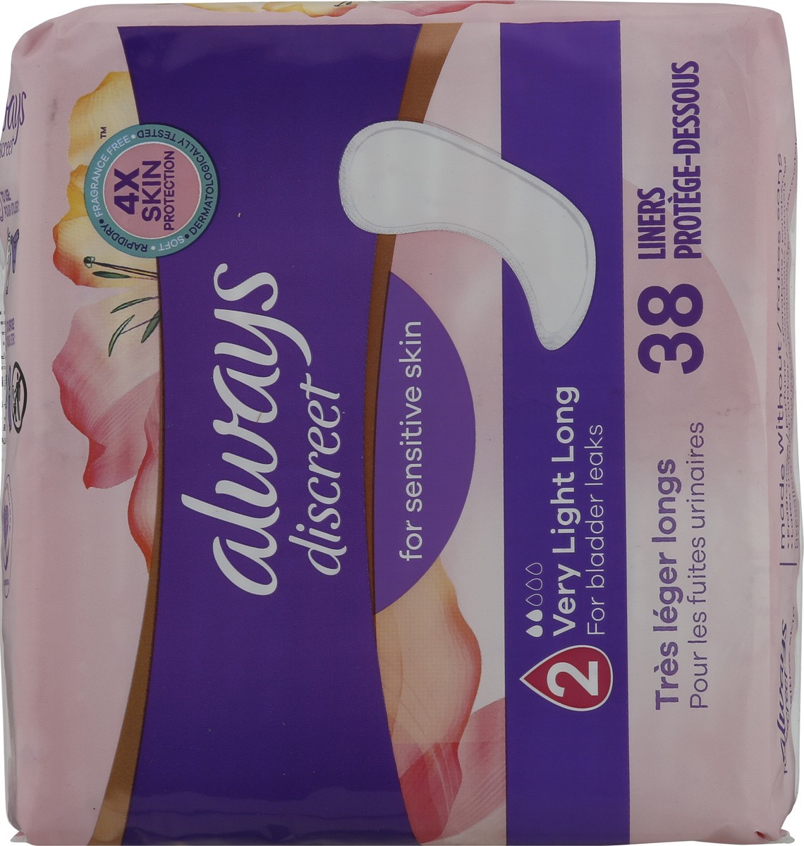 slide 7 of 8, Always Discreet for Sensitive Skin Liners Light Long Absorbency Four Times Skin Protection Soft Dermatologically Tested Fragrance-Free, 38 Count, 38 ct