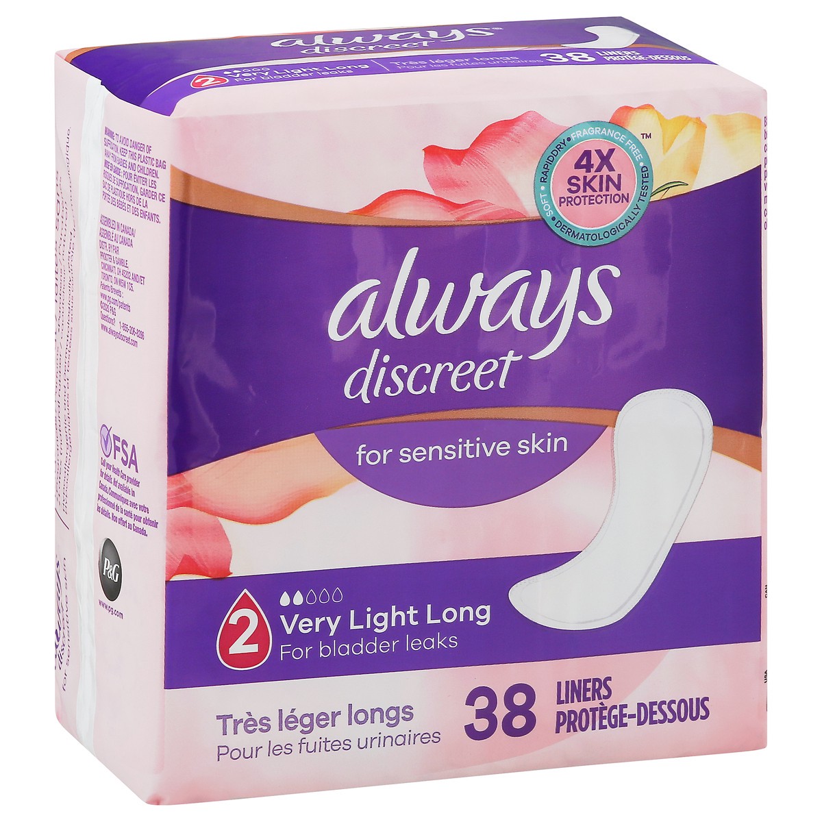 slide 6 of 8, Always Discreet for Sensitive Skin Liners Light Long Absorbency Four Times Skin Protection Soft Dermatologically Tested Fragrance-Free, 38 Count, 38 ct
