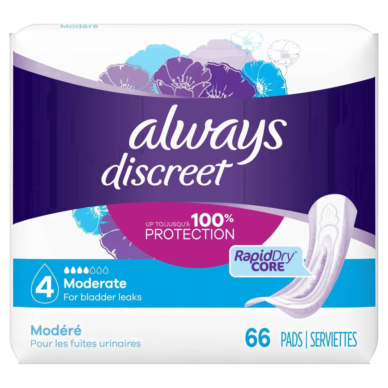 slide 61 of 98, Always Discreet Adult Incontinence Pads for Women, Moderate Absorbency, Regular Length, Postpartum Pads, 66 CT, 66 ct