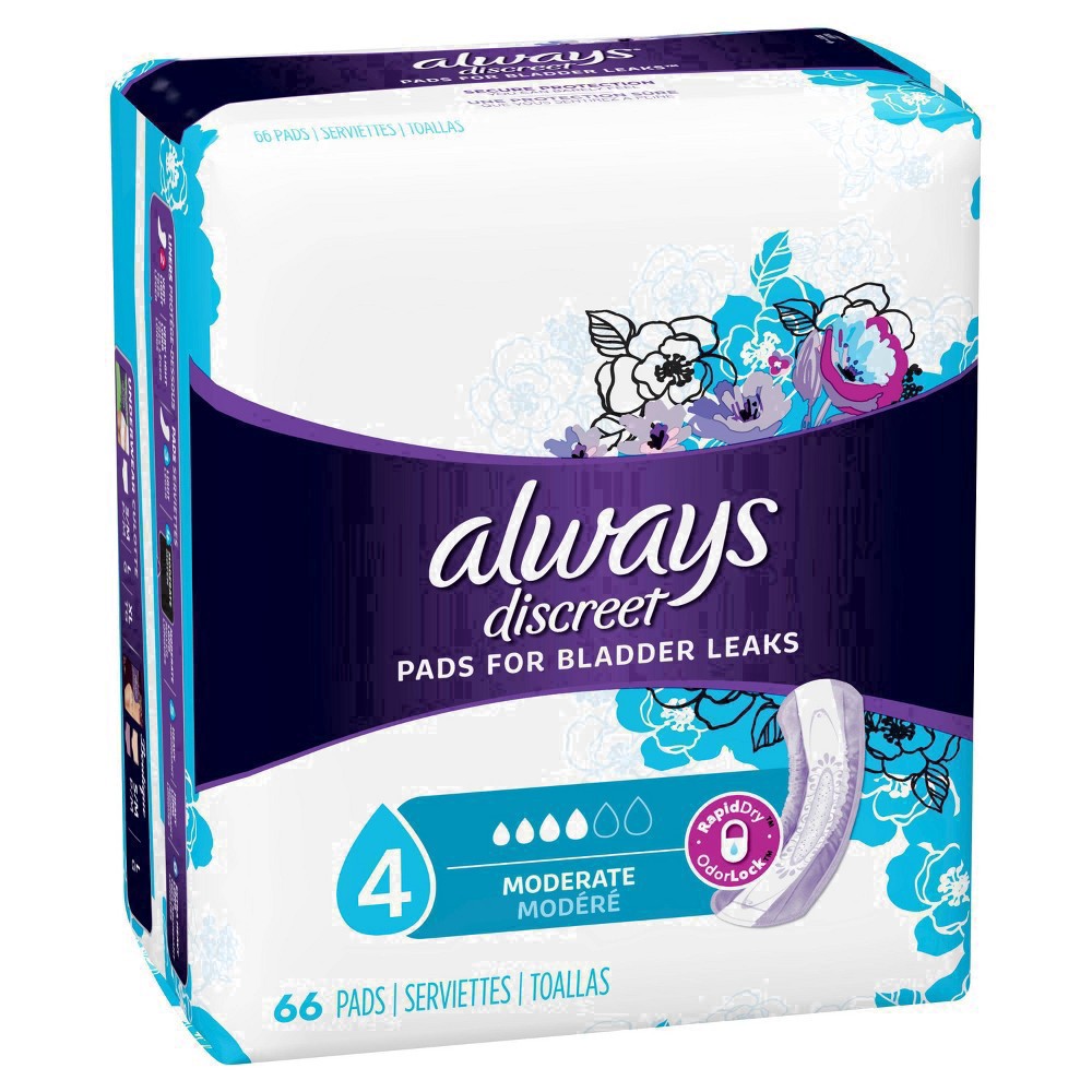 slide 97 of 98, Always Discreet Adult Incontinence Pads for Women, Moderate Absorbency, Regular Length, Postpartum Pads, 66 CT, 66 ct