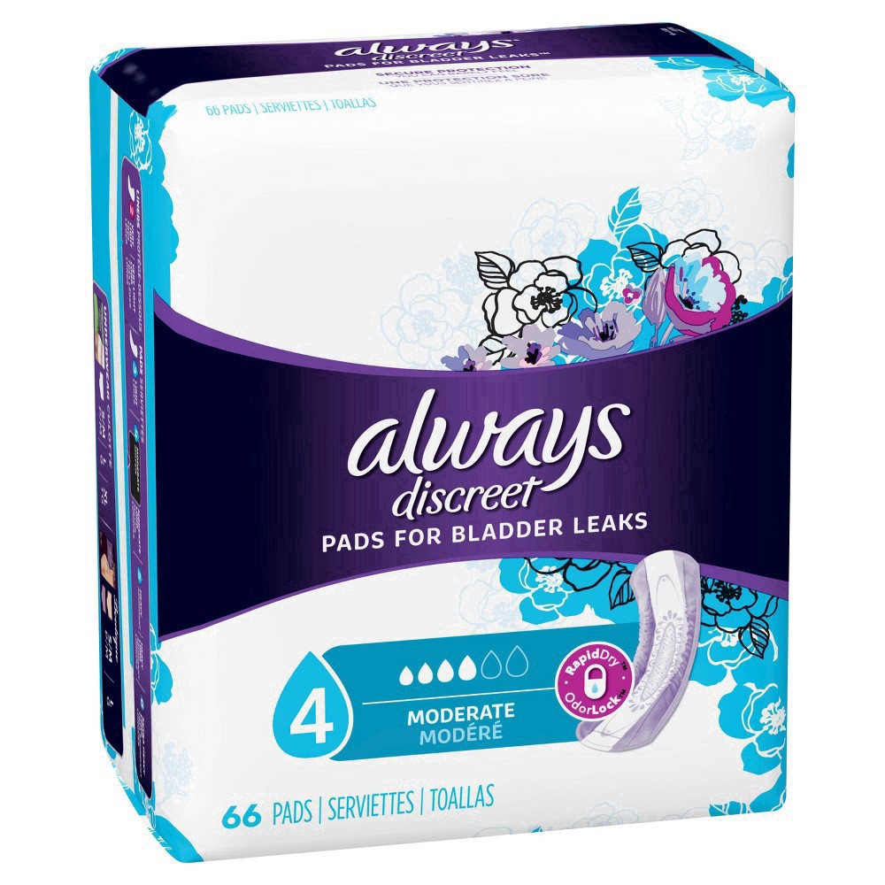 slide 36 of 98, Always Discreet Adult Incontinence Pads for Women, Moderate Absorbency, Regular Length, Postpartum Pads, 66 CT, 66 ct