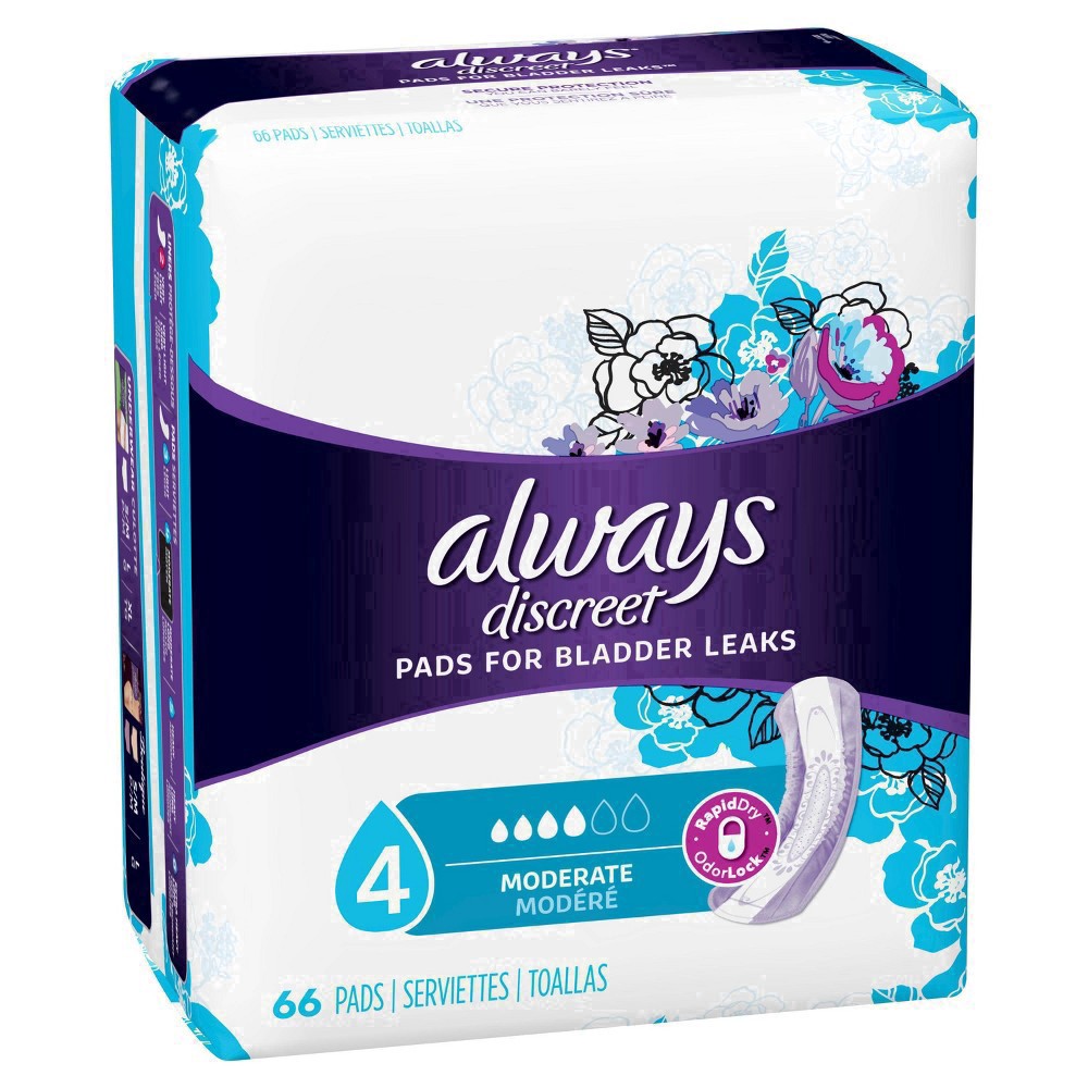 slide 15 of 98, Always Discreet Adult Incontinence Pads for Women, Moderate Absorbency, Regular Length, Postpartum Pads, 66 CT, 66 ct