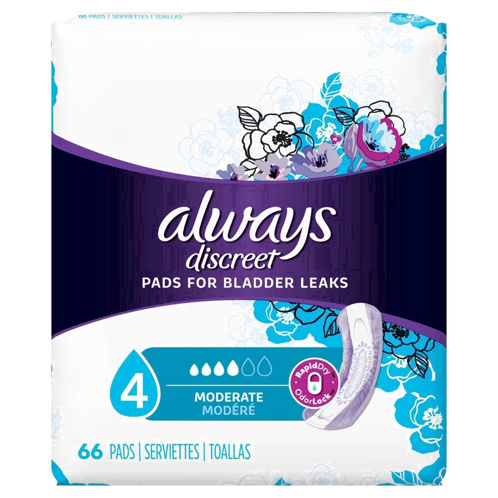 slide 85 of 98, Always Discreet Adult Incontinence Pads for Women, Moderate Absorbency, Regular Length, Postpartum Pads, 66 CT, 66 ct