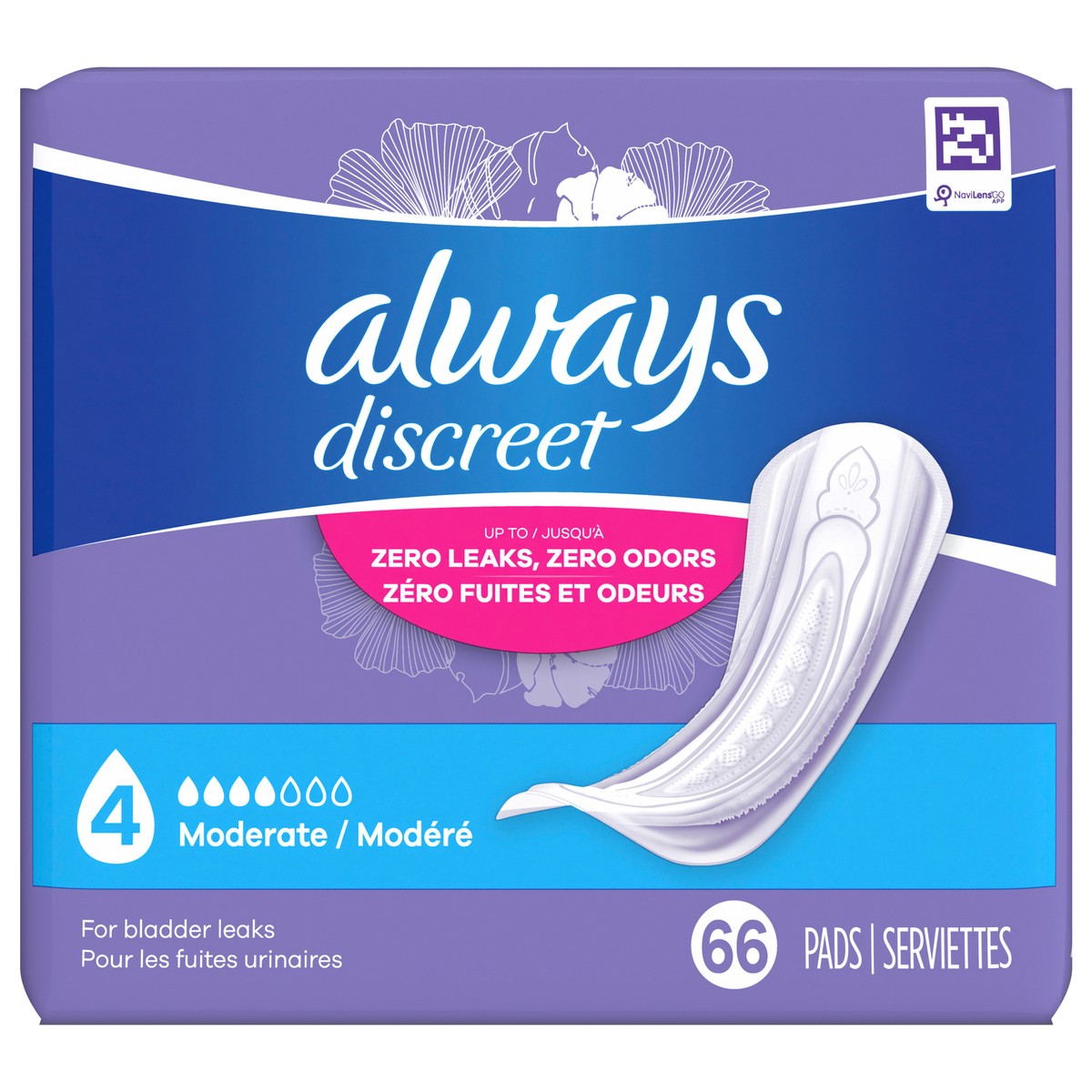 slide 1 of 98, Always Discreet Adult Incontinence Pads for Women, Moderate Absorbency, Regular Length, Postpartum Pads, 66 CT, 66 ct