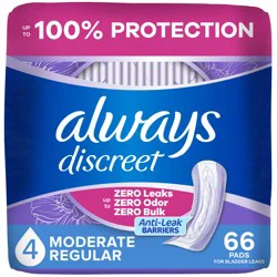 Always Discreet Adult Incontinence Pads for Women, Moderate Absorbency, Regular Length, Postpartum Pads, 66 CT