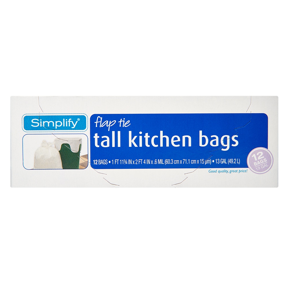 slide 1 of 2, Simplify Flap Tie Tall Trash Bags, 13 gal, 12 ct