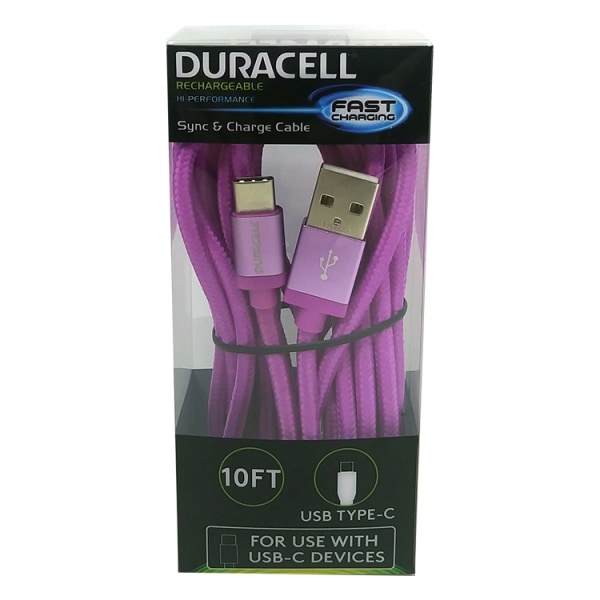 slide 1 of 2, Duracell Usb Type-C Cable, 10', Purple, Le2316, 1 ct