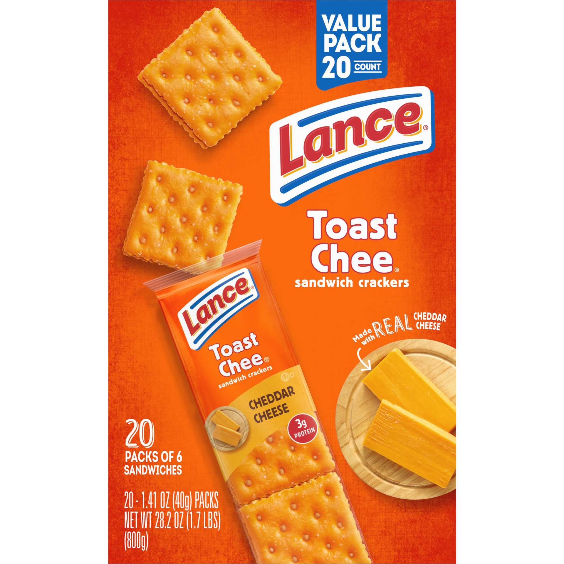 slide 5 of 5, Lance Sandwich Crackers, ToastChee Cheddar, 20 Individually Wrapped Packs, 6 Sandwiches Each, 28.2 oz