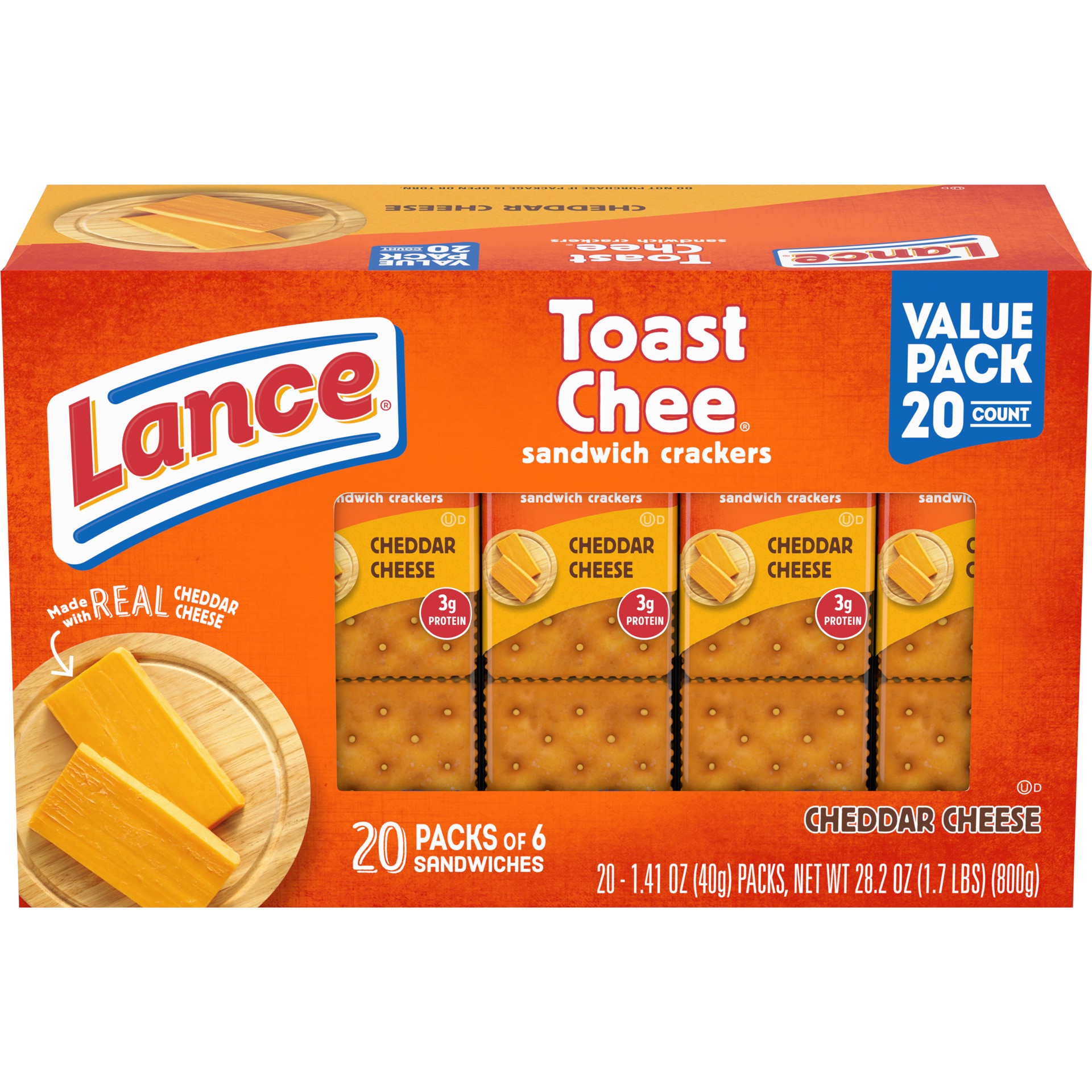 slide 1 of 5, Lance Sandwich Crackers, ToastChee Cheddar, 20 Individually Wrapped Packs, 6 Sandwiches Each, 28.2 oz