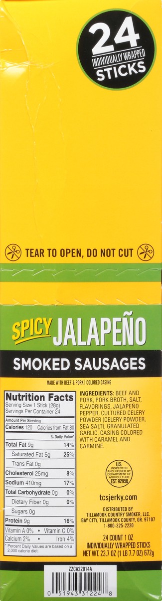 slide 12 of 13, Tillamook Country Smoker 24 Sticks Spicy Jalapeno Smoked Sausages 24 ea, 24 ct