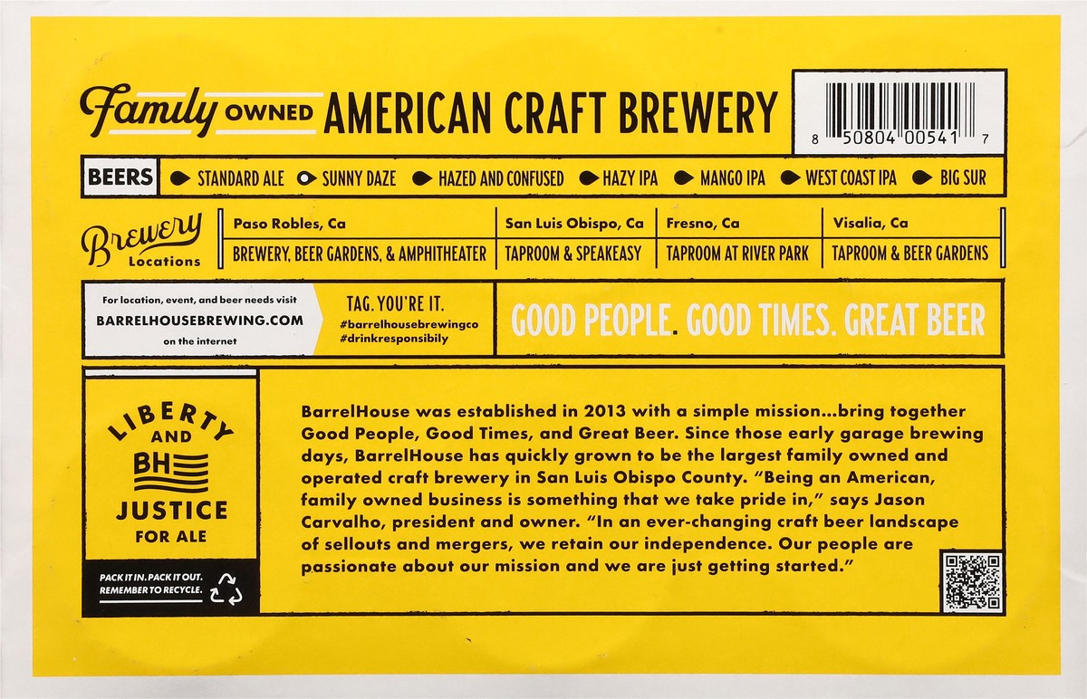 slide 10 of 11, Barrel House Brewing Co. Blonde Ale with Citrus Sunny Daze Beer 6 - 12 oz Cans, 6 ct; 12 oz