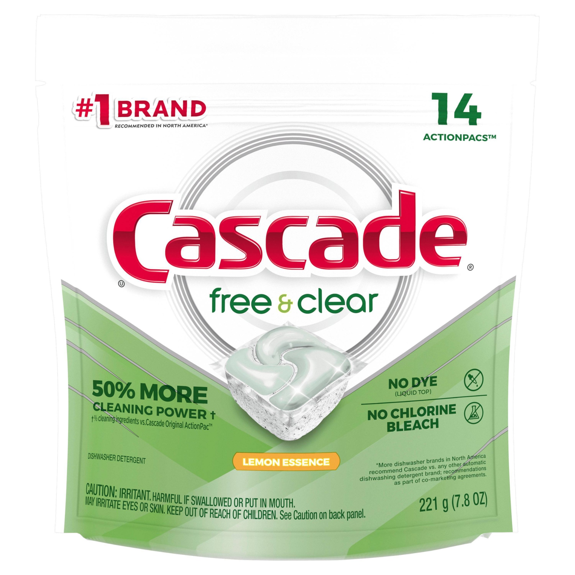 slide 1 of 1, Cascade Free & Clear Action Pacs Lemon Essence Dishwasher Detergent Pods, 16 ct