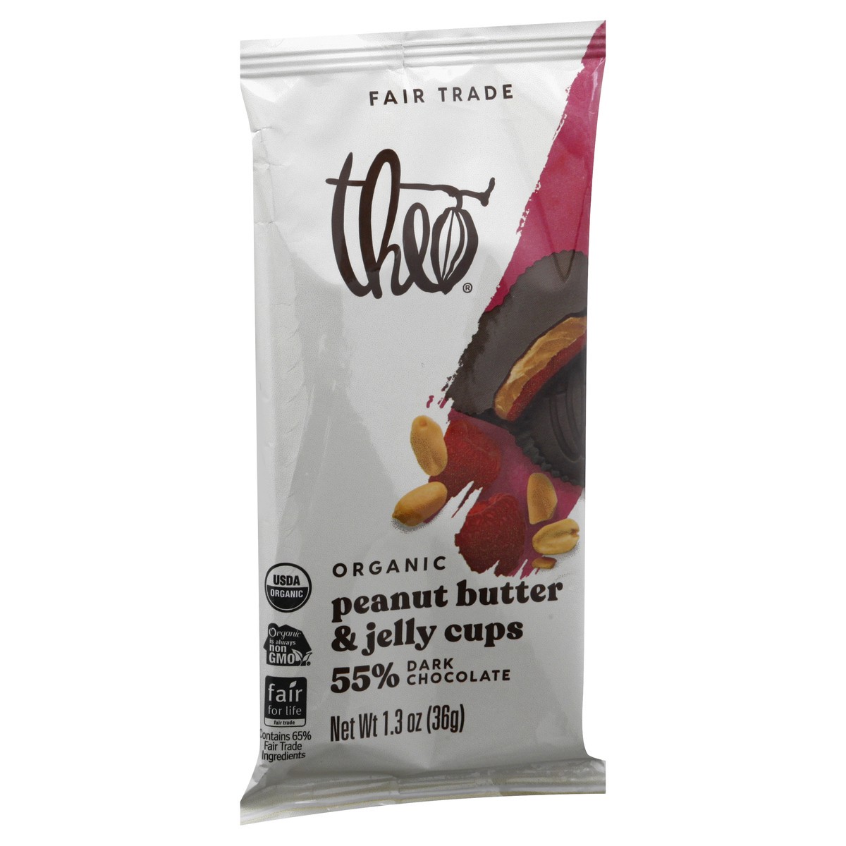 slide 4 of 9, Theo Organic 55% Dark Chocolate Peanut Butter & Jelly Cups 3 oz, 1.3 oz