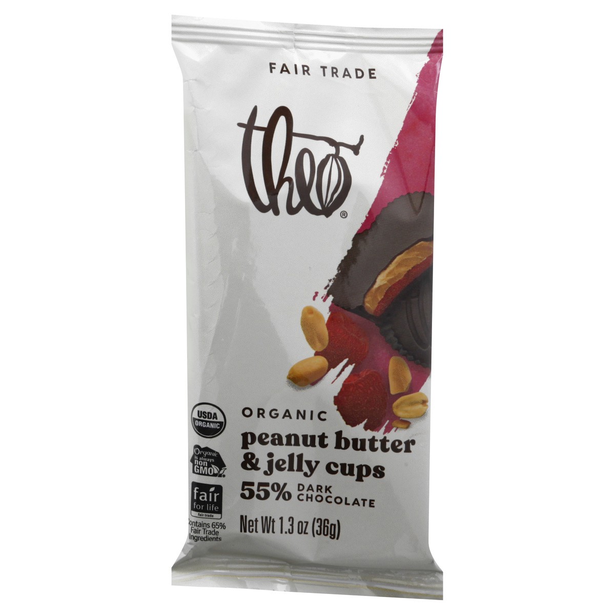 slide 5 of 9, Theo Organic 55% Dark Chocolate Peanut Butter & Jelly Cups 3 oz, 1.3 oz