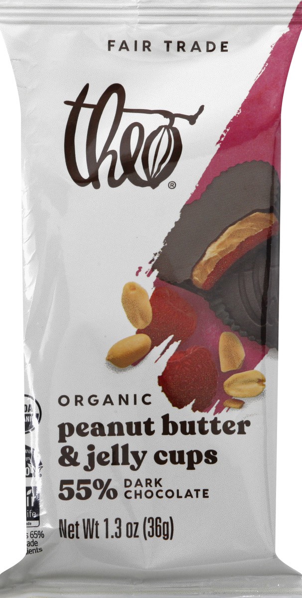 slide 1 of 9, Theo Organic 55% Dark Chocolate Peanut Butter & Jelly Cups 3 oz, 1.3 oz