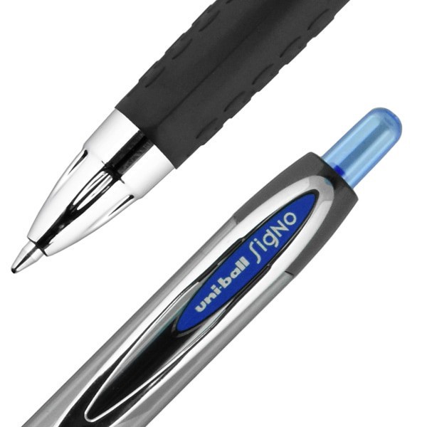 slide 5 of 8, uni-ball 207 Retractable Fraud Prevention Gel Pens, Medium Point, Black Barrels, Blue Ink, Pack Of 12, 12 ct
