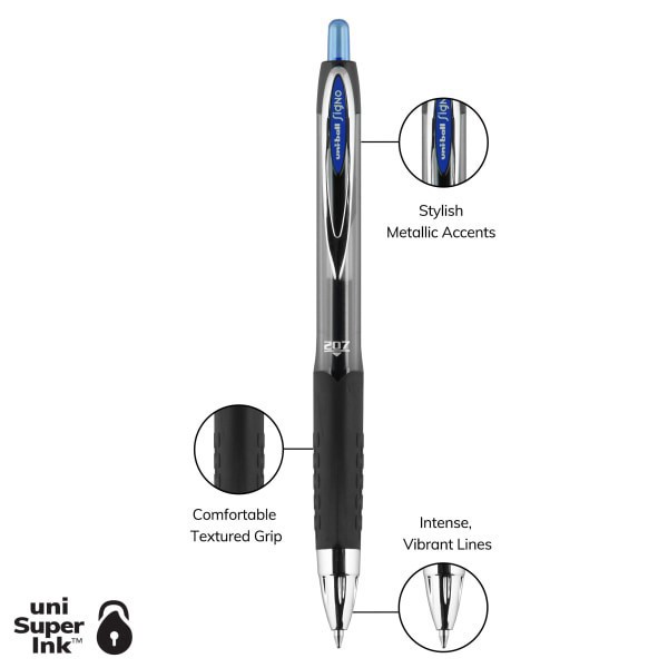 slide 6 of 8, uni-ball 207 Retractable Fraud Prevention Gel Pens, Medium Point, Black Barrels, Blue Ink, Pack Of 12, 12 ct