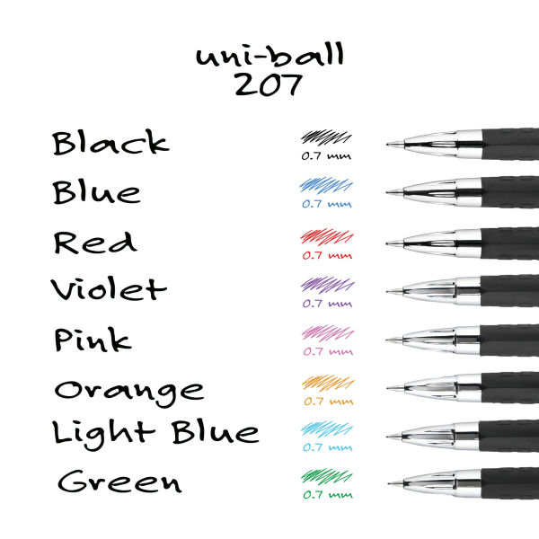 slide 8 of 8, uni-ball 207 Retractable Fraud Prevention Gel Pens, Medium Point, Black Barrels, Blue Ink, Pack Of 12, 12 ct
