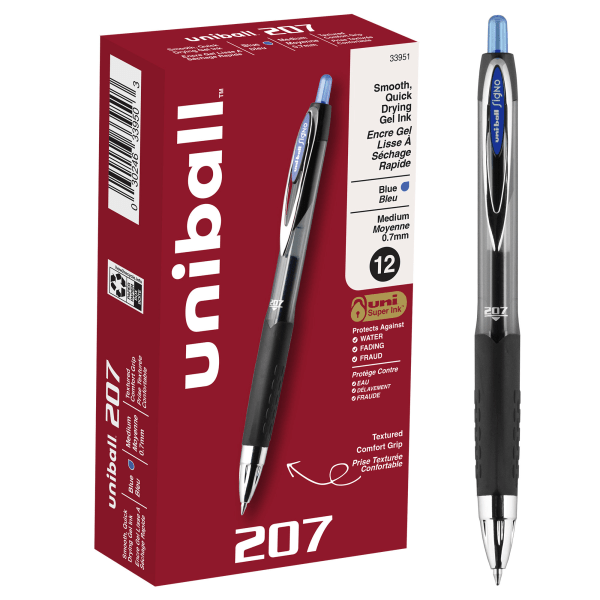 slide 1 of 8, uni-ball 207 Retractable Fraud Prevention Gel Pens, Medium Point, Black Barrels, Blue Ink, Pack Of 12, 12 ct