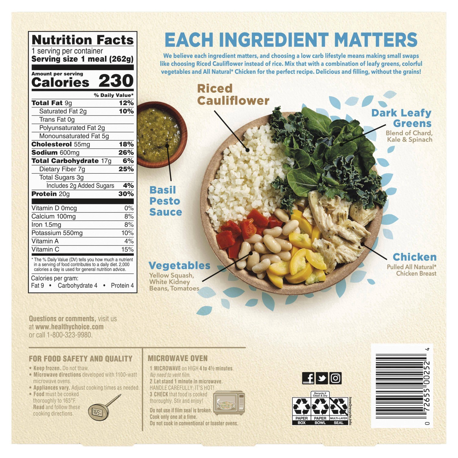 slide 4 of 32, Healthy Choice Gluten Free Frozen Power Bowl Basil Pesto Chicken with Riced Cauliflower - 9.25oz, 9.25 oz