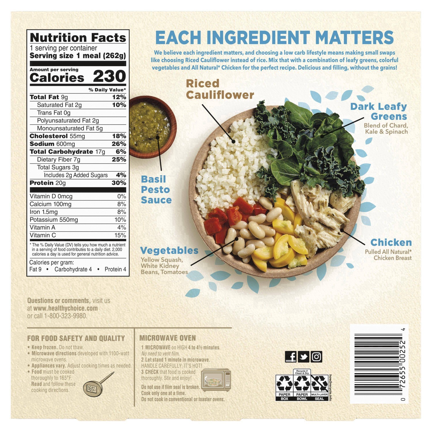 slide 19 of 32, Healthy Choice Gluten Free Frozen Power Bowl Basil Pesto Chicken with Riced Cauliflower - 9.25oz, 9.25 oz