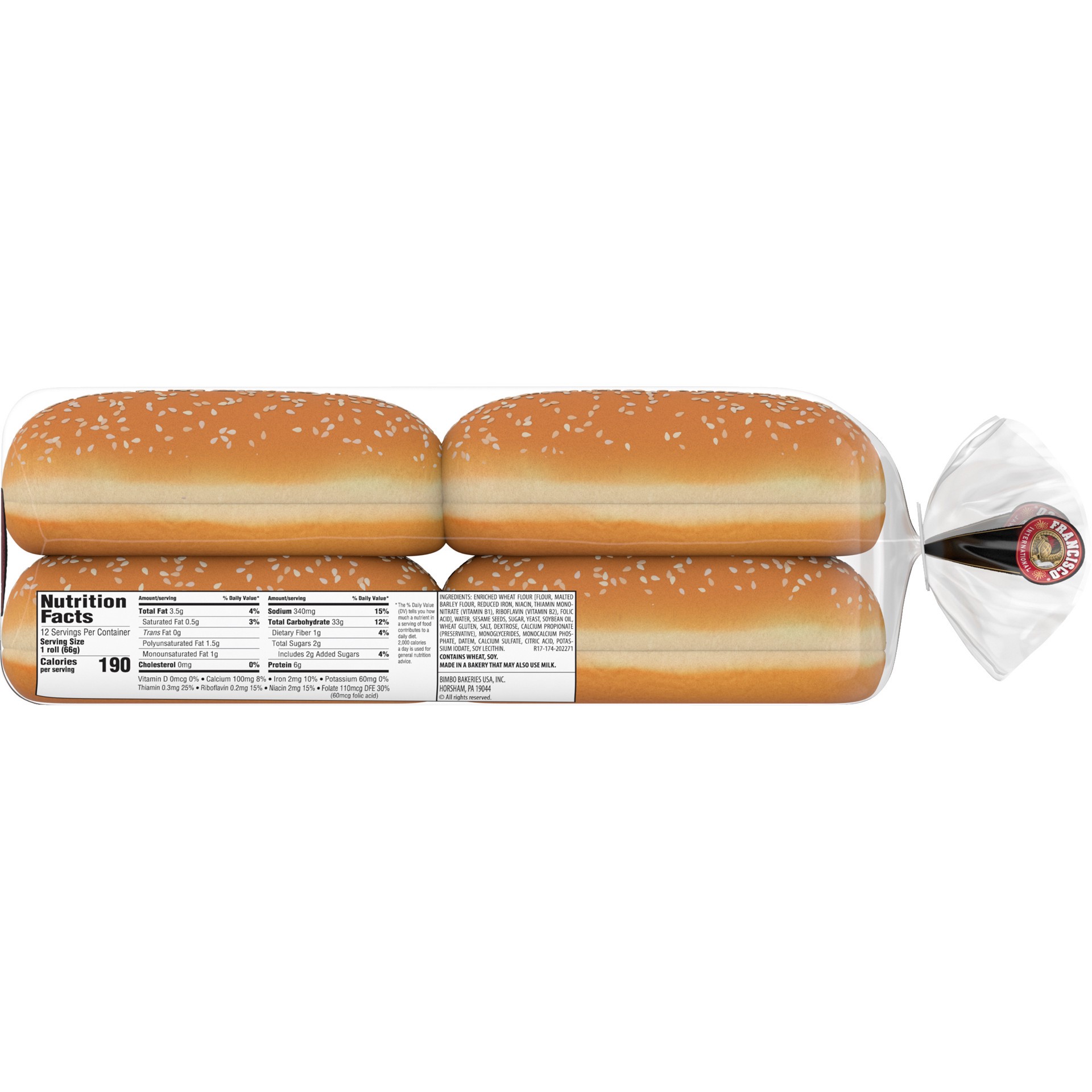 slide 5 of 5, Francisco International Gourmet Hot Dog Rolls, 12 count, Seeded Hot Dog Buns, 28 oz Bag, 12 ct