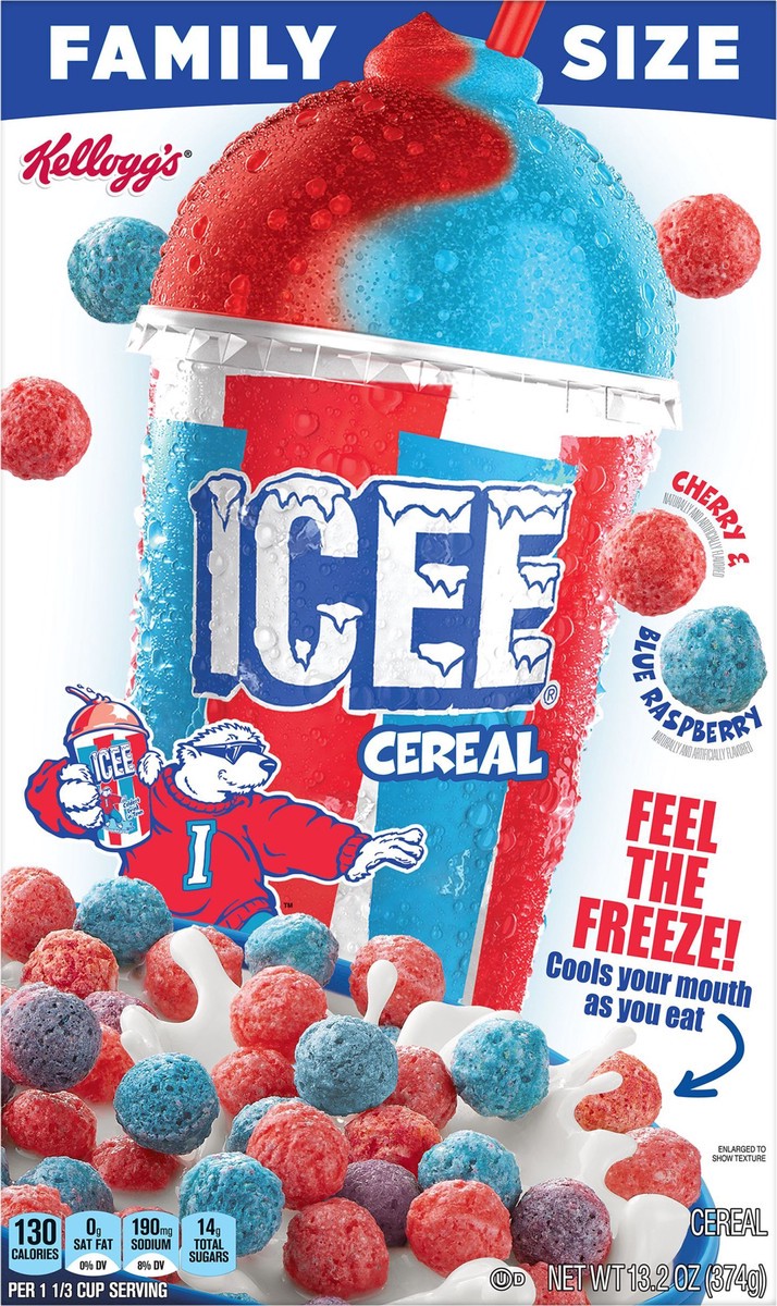 slide 5 of 9, ICEE Kellogg's ICEE Cold Breakfast Cereal, 8 Vitamins and Minerals, Kids Snacks, Family Size, Cherry and Blue Raspberry, 13.2oz Box, 1 Box, 13.2 oz