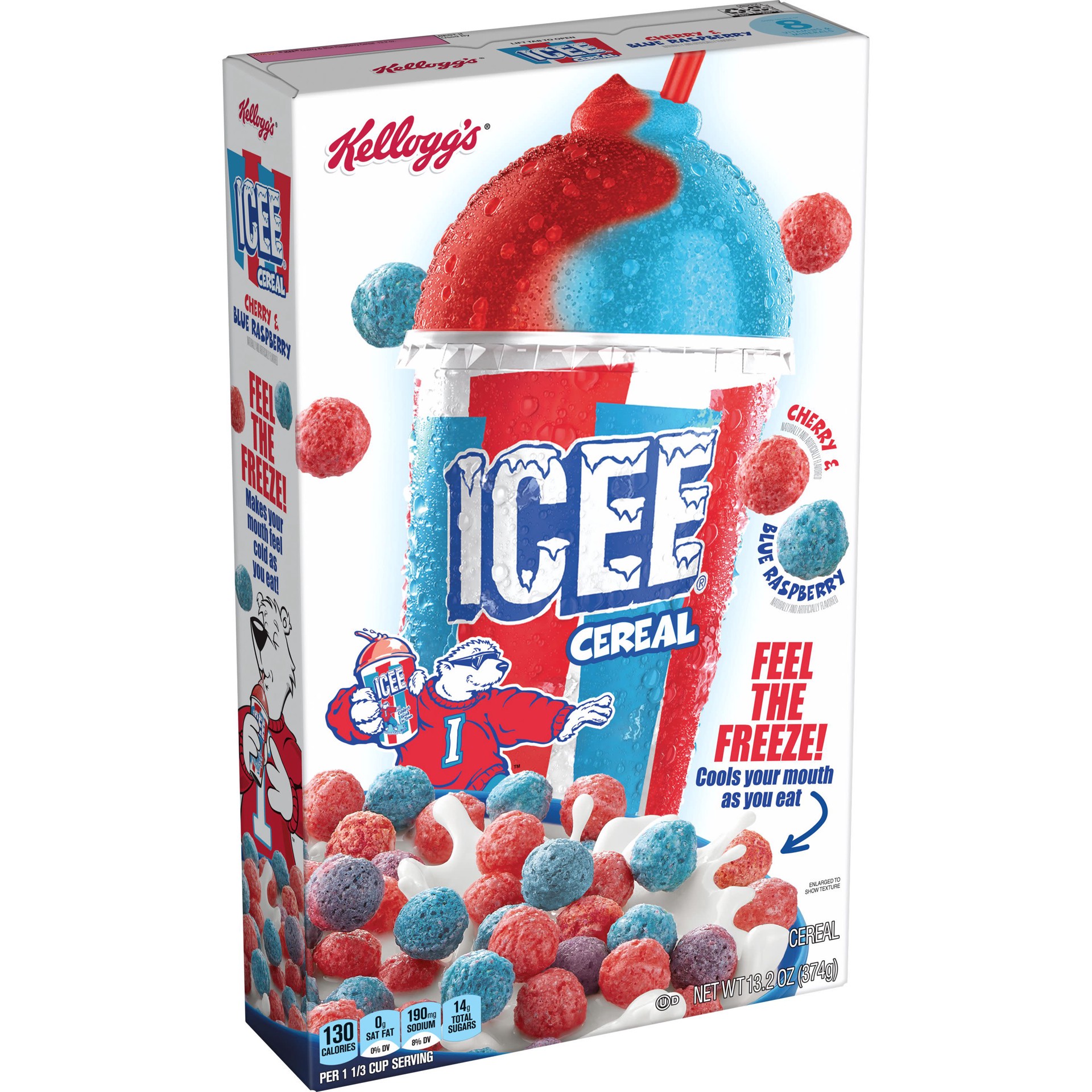 slide 1 of 9, ICEE Kellogg's ICEE Cold Breakfast Cereal, 8 Vitamins and Minerals, Kids Snacks, Family Size, Cherry and Blue Raspberry, 13.2oz Box, 1 Box, 13.2 oz