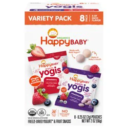 Happy Baby Organics Yogis Freeze-Dried Yogurt and Fruit Snacks, Mixed Berry and Strawberry, Variety Pack, 8 x 0.25 oz