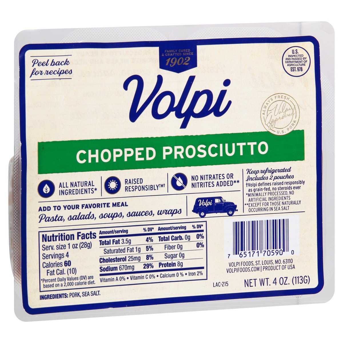 slide 3 of 10, Volpi Chopped Traditional Prosciutto | Artisan Dry Cured Ham 4 oz, 4 oz