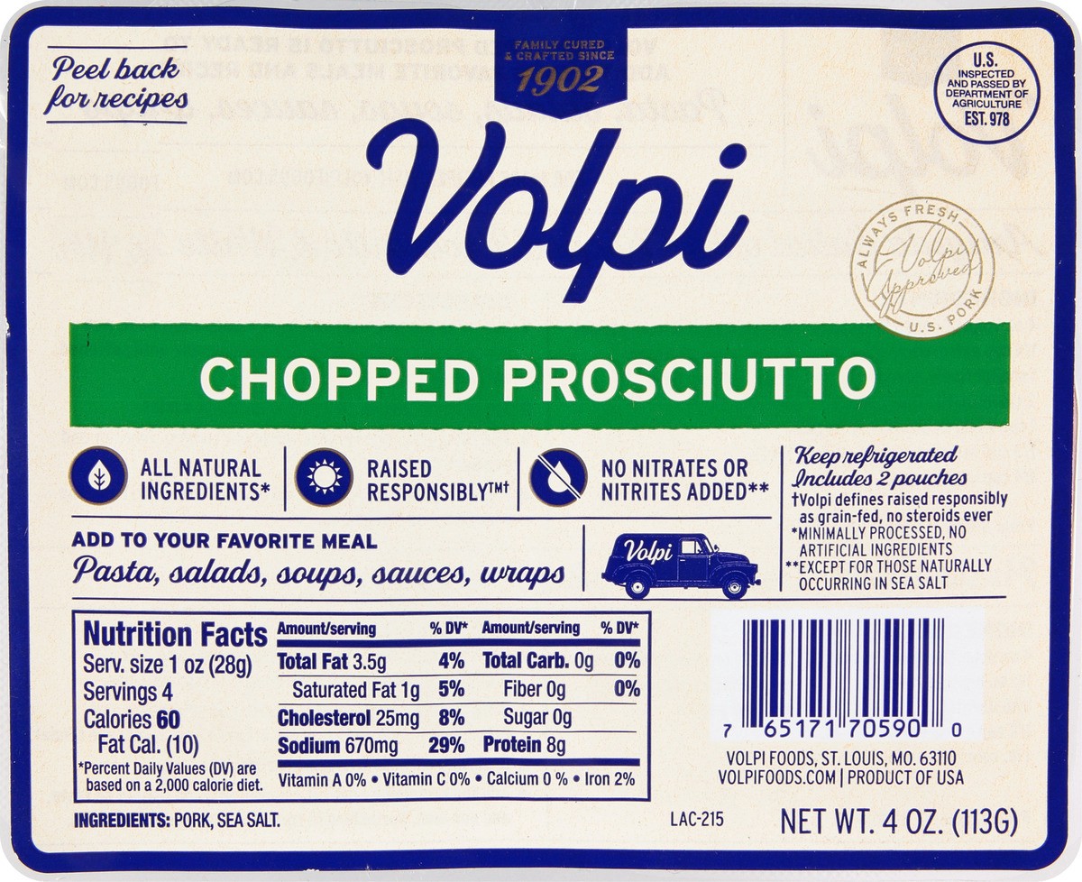 slide 8 of 10, Volpi Chopped Traditional Prosciutto | Artisan Dry Cured Ham 4 oz, 4 oz