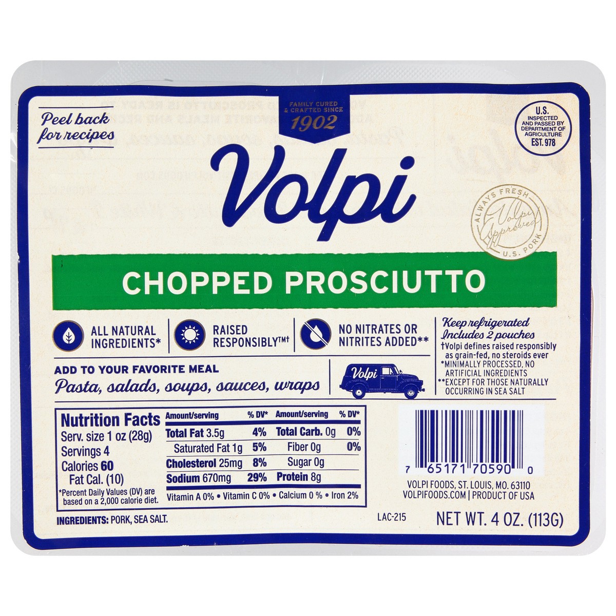 slide 1 of 10, Volpi Chopped Traditional Prosciutto | Artisan Dry Cured Ham 4 oz, 4 oz