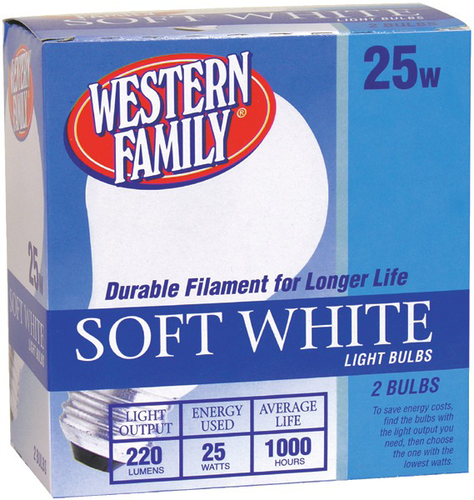 slide 1 of 1, Western Family 25 Watt Soft White Bulbs, 2 ct