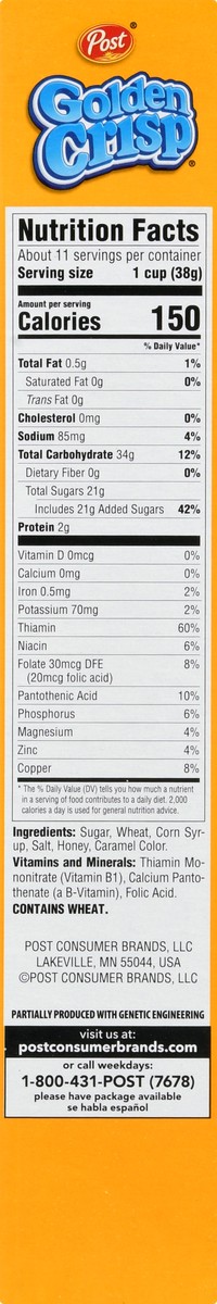 slide 2 of 9, Post Golden Crisp Breakfast Cereal, Breakfast Snacks, Sweetened Wheat Cereal, Kosher, 14.75 Oz – 1 count, 14.75 oz