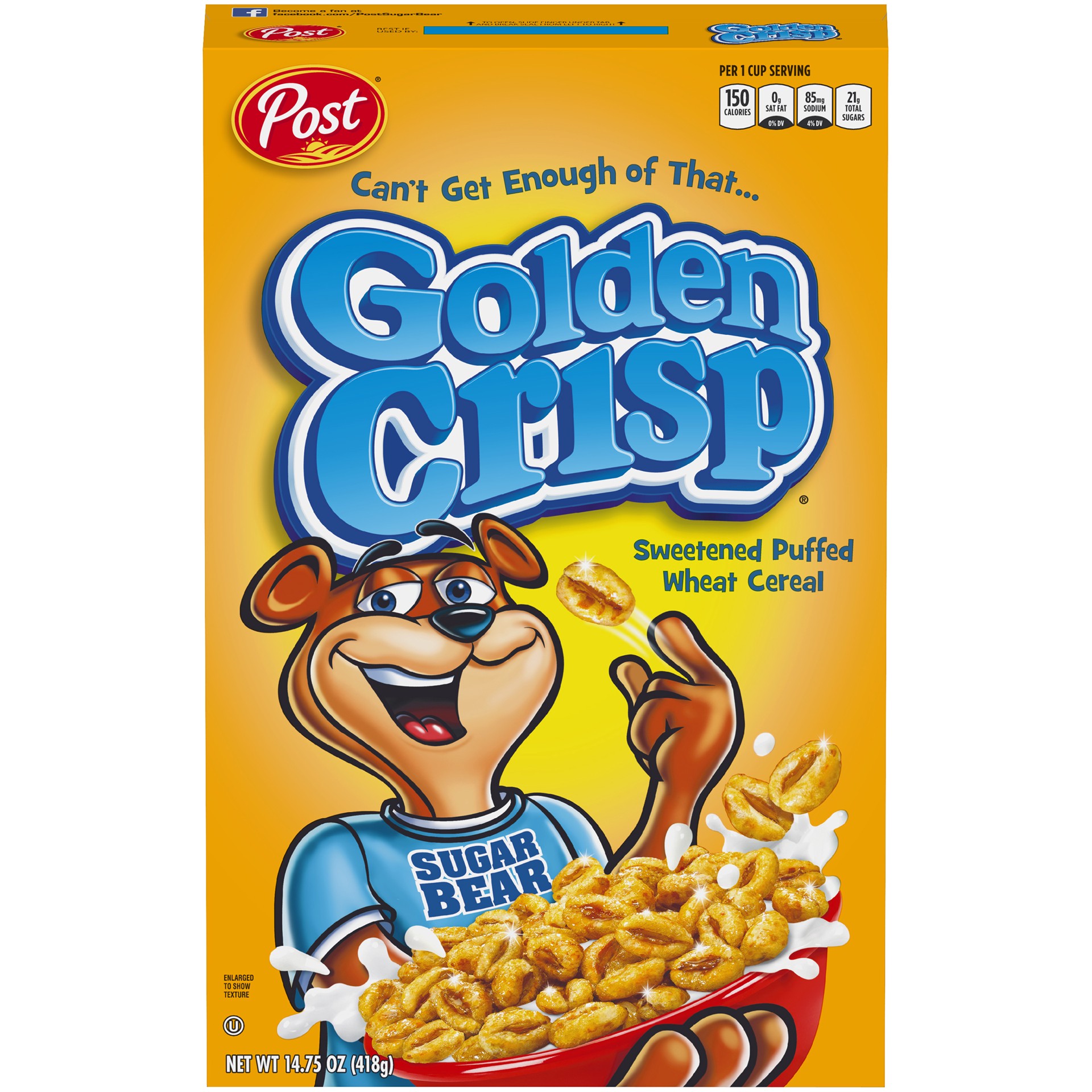 slide 1 of 9, Post Golden Crisp Breakfast Cereal, Breakfast Snacks, Sweetened Wheat Cereal, Kosher, 14.75 Oz – 1 count, 14.75 oz