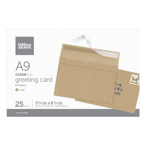 slide 1 of 3, Office Depot Brand Clean Seal Greeting Card Envelopes, A9, 5-3/4'' X 8-3/4'', Kraft, Box Of 25 Envelopes, 25 ct