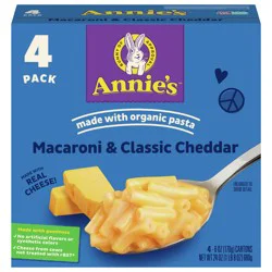 Annie's Macaroni and Classic Cheddar, Made with Organic Pasta and Real Cheese, 4 Ct, 24 oz