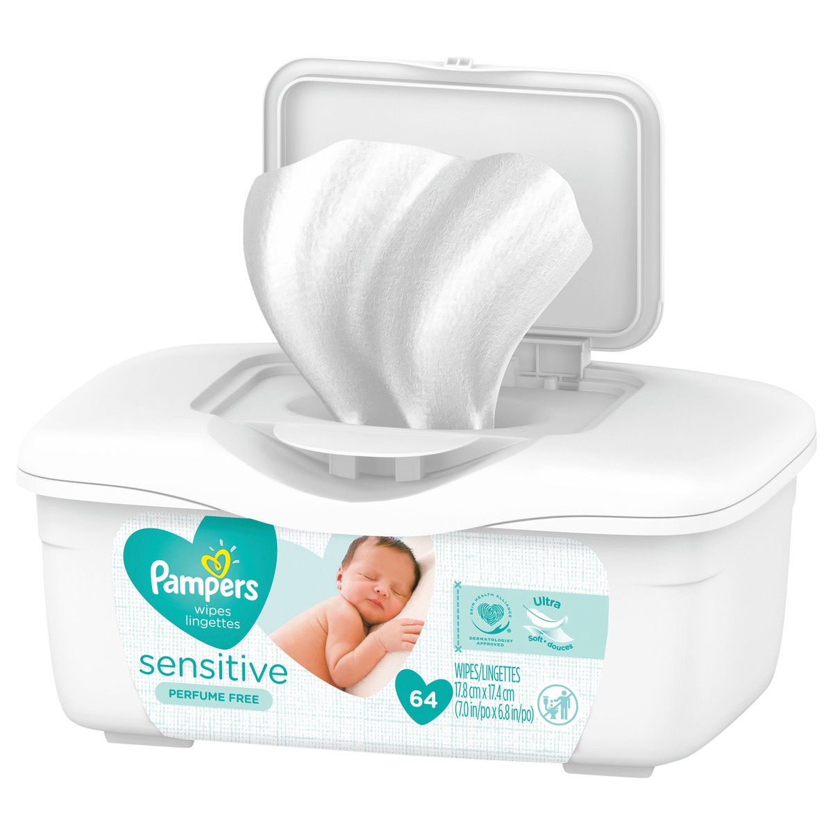 slide 3 of 4, Pampers Baby Wipes Sensitive Perfume Free Tub 64 Count, 64 ct