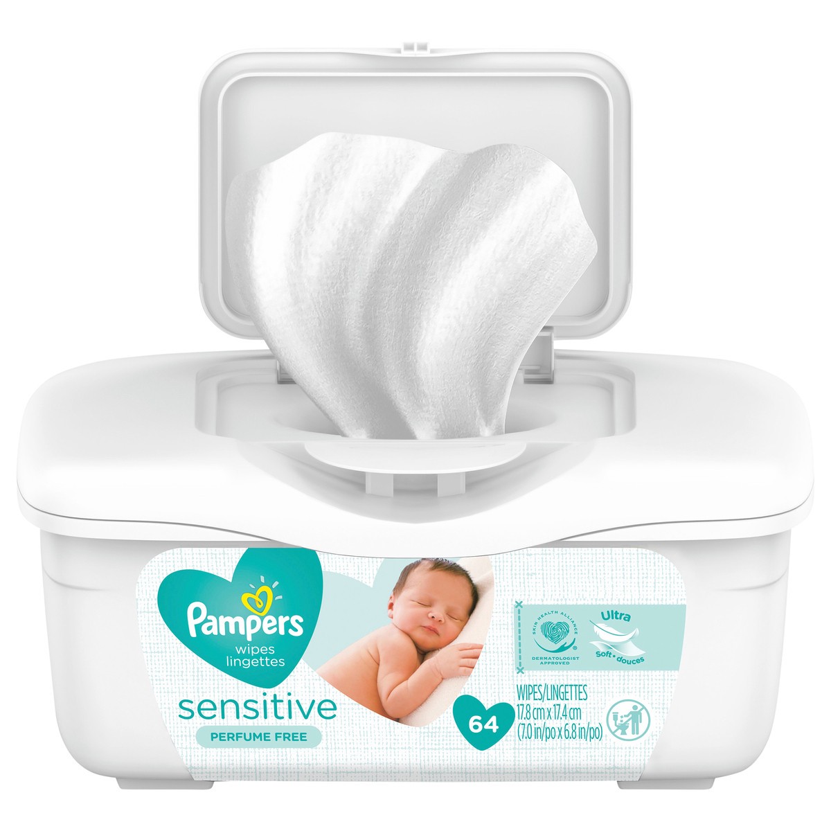 slide 1 of 4, Pampers Baby Wipes Sensitive Perfume Free Tub 64 Count, 64 ct