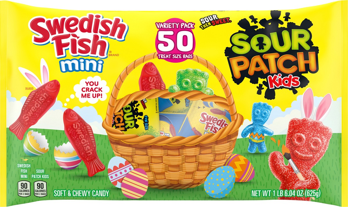 slide 5 of 9, Sour Patch/Swedish Fish Red SOUR PATCH KIDS and SWEDISH FISH Mini Soft & Chewy Easter Candy Variety Pack, 50 Snack Packs, 22.05 oz