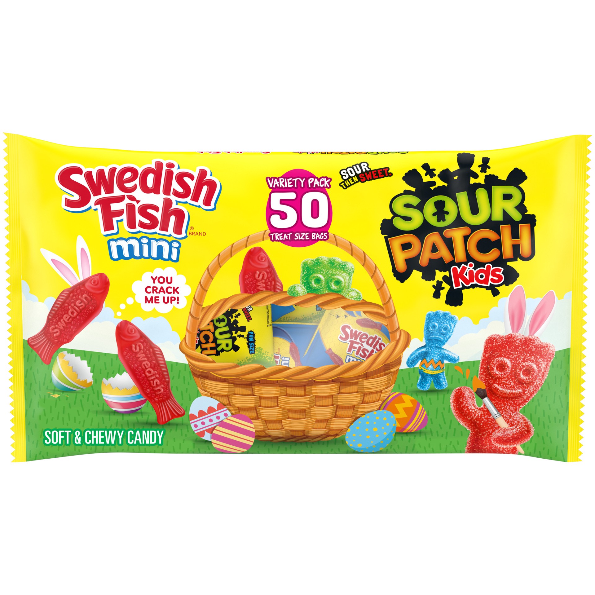 slide 1 of 9, Sour Patch/Swedish Fish Red SOUR PATCH KIDS and SWEDISH FISH Mini Soft & Chewy Easter Candy Variety Pack, 50 Snack Packs, 22.05 oz