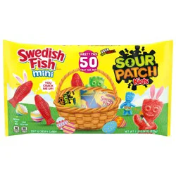 Sour Patch/Swedish Fish Red SOUR PATCH KIDS and SWEDISH FISH Mini Soft & Chewy Easter Candy Variety Pack, Bulk Candy, 50 Snack Packs