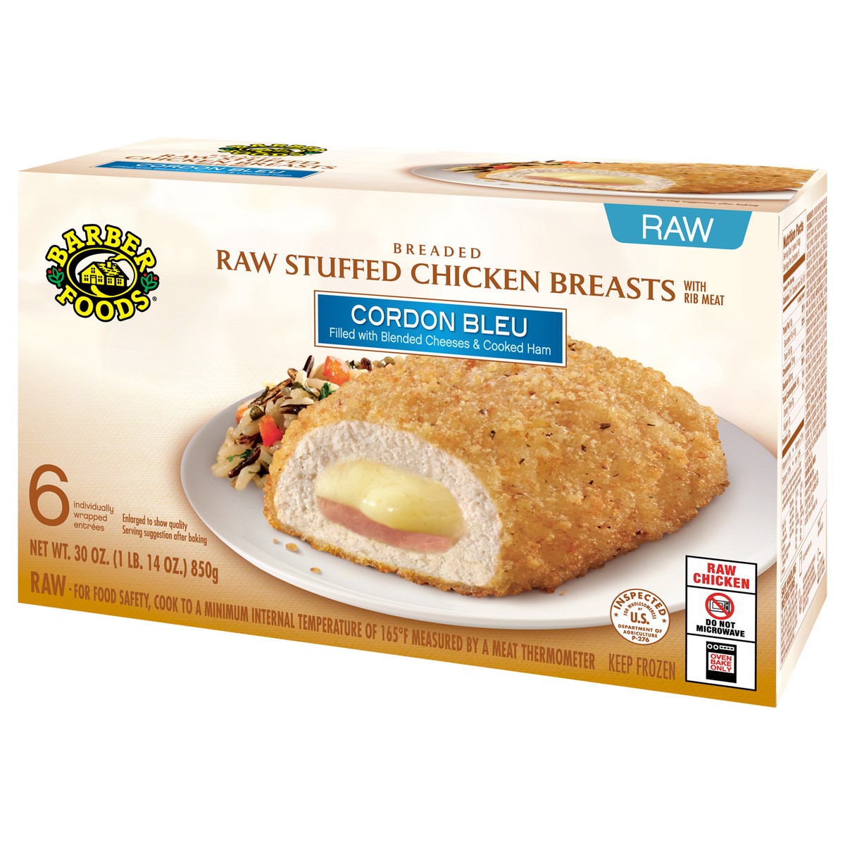 slide 9 of 11, Barber Foods Stuffed Chicken Breasts Cordon Bleu, 6 Count, 850.49 g