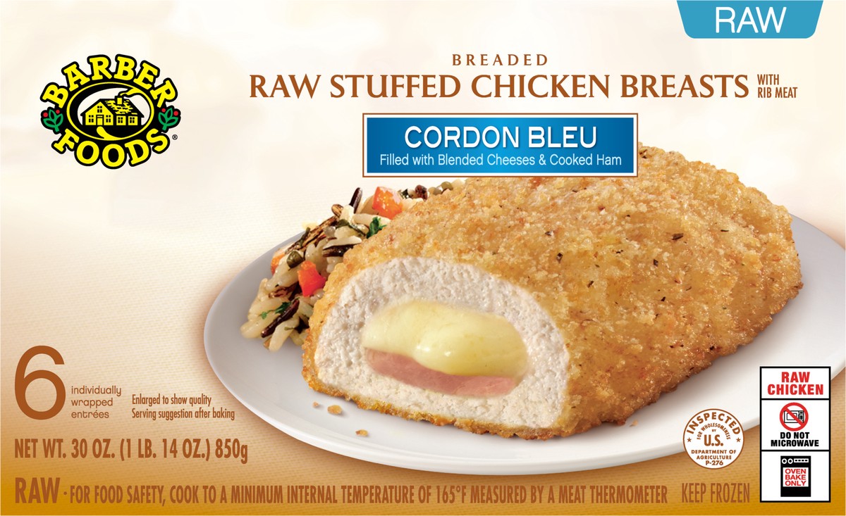 slide 7 of 11, Barber Foods Stuffed Chicken Breasts Cordon Bleu, 6 Count, 850.49 g