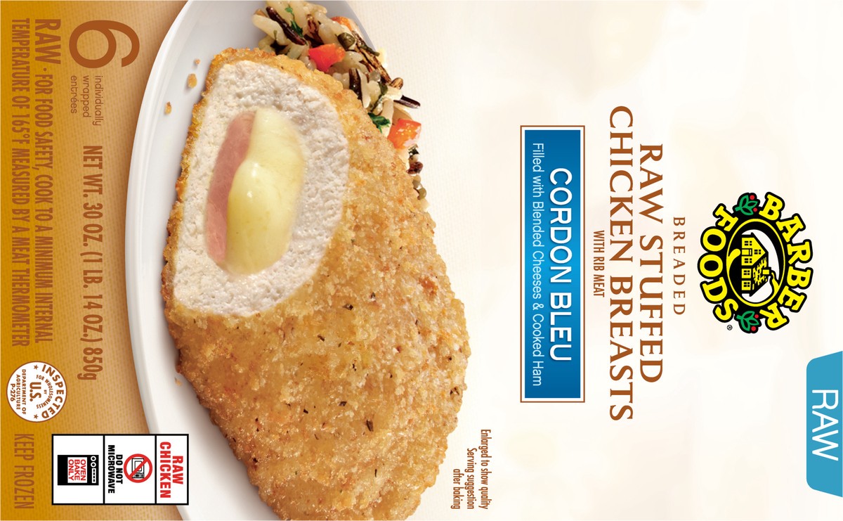 slide 8 of 11, Barber Foods Stuffed Chicken Breasts Cordon Bleu, 6 Count, 850.49 g