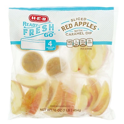 slide 1 of 1, H-E-B Ready, Fresh, Go! Red Apple Slices with Caramel Dip, 4 ct